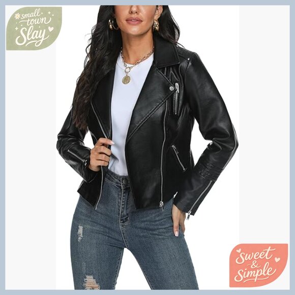 Faux Leather Motorcycle Jacket Women's XL Slim Fit Aviator Bomber Coat